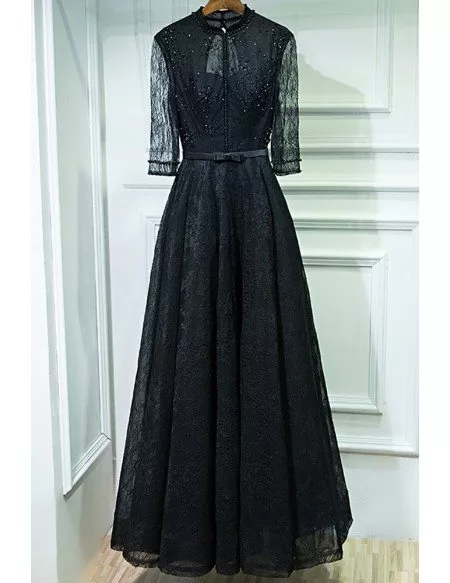 Vintage Chic Long Black High Neck Prom Dress With 3/4 Sleeves