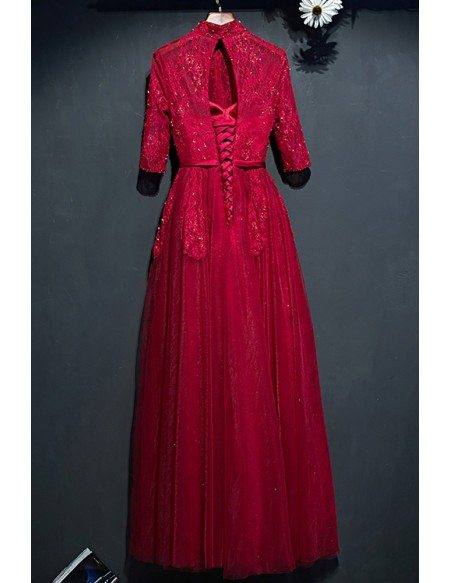 Unique High Neck Burgundy Long Party Dress With Lace Sleeves