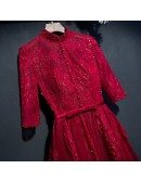 Unique High Neck Burgundy Long Party Dress With Lace Sleeves