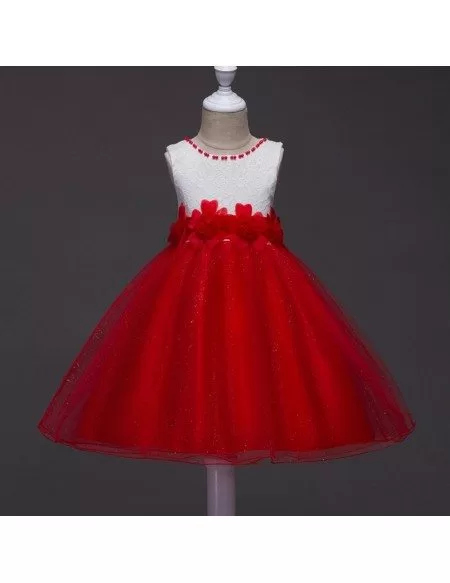 Sparkly Red And White Flower Girl Dress With Lace Florals
