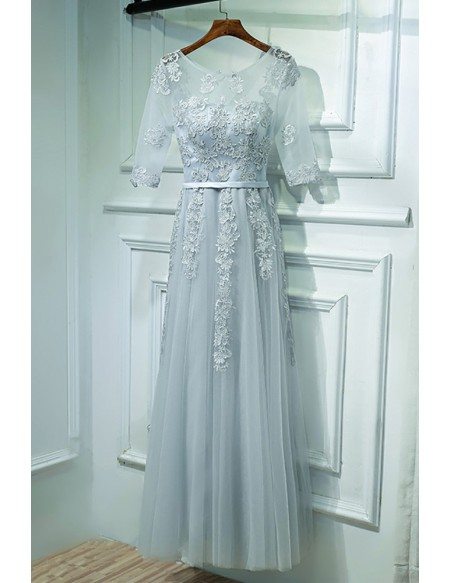 Elegant Grey Short Sleeve Prom Dress Long With Lace