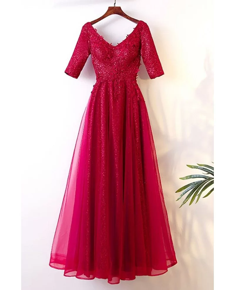 Burgundy Long Tulle Party Dress With Sleeves For Weddings #MYX18029 ...
