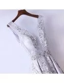 Silver V-neck Long Satin Prom Party Dress Sleeveless