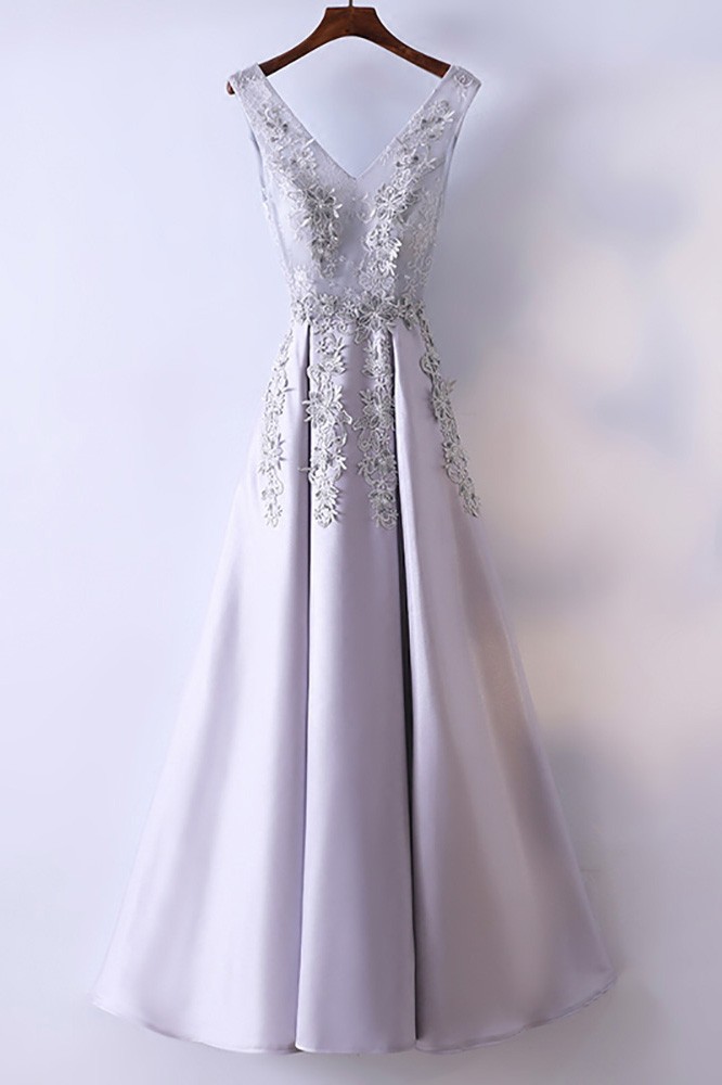 Sexy A line Square Neckline Short Sleeves Silver Satin Prom Dresses Party Evening Dress C3712