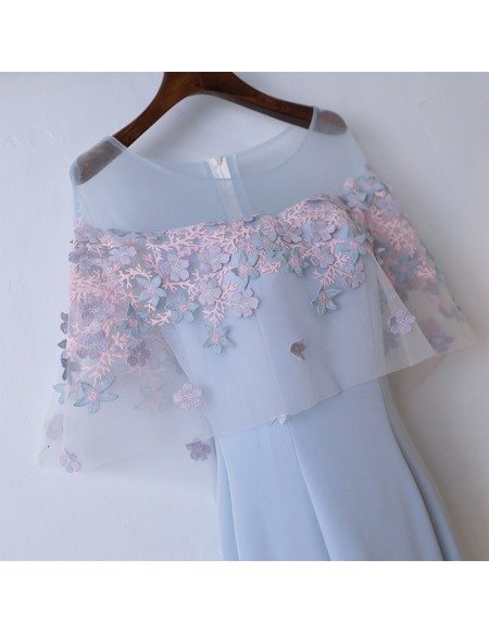 Pretty Sky Blue Fitted Mermaid Long Party Dress With Lace Flowers