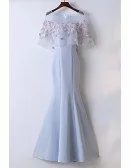 Pretty Sky Blue Fitted Mermaid Long Party Dress With Lace Flowers