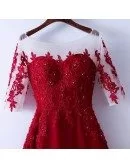 Burgundy Beaded Lace Long Party Dress With Illusion Neckline