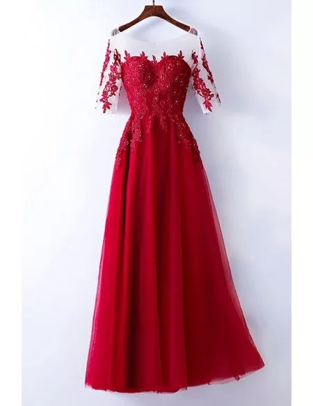 Burgundy Beaded Lace Long Party Dress With Illusion Neckline