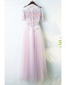 Cute Pink Long Prom Party Dress With Flowers Sleeves For Juniors