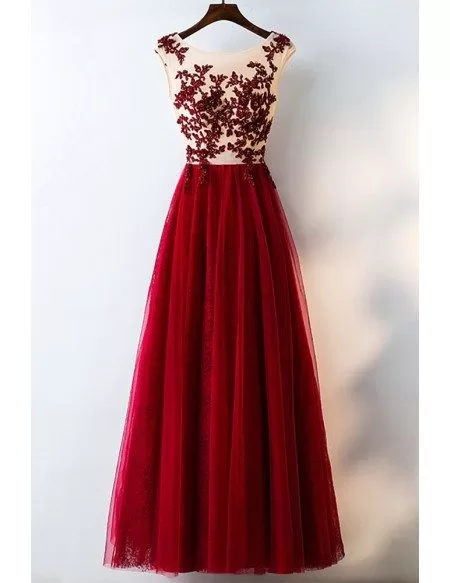 Formal Red Sequined Tulle Prom Dress Long With Lace