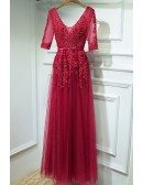 Burgundy V-neck Lace Long Party Dress With Half Sleeves