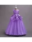 Elegant Long Purple Flower Girl Dress With Floral Bodice