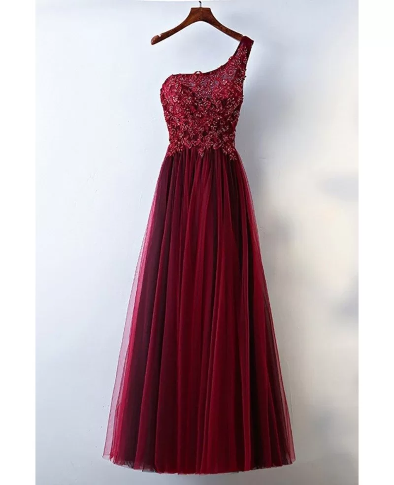 blue satin mini dress One Shoulder Tulle Lace Burgundy Long Prom Dress, Burgundy Formal Dres –  dresstby
