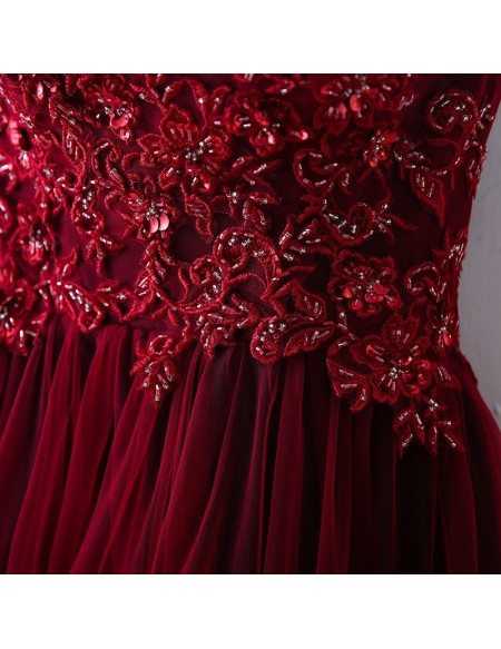 Burgundy One Shoulder Long Tulle Prom Party Dress For Women #MYX18045 ...