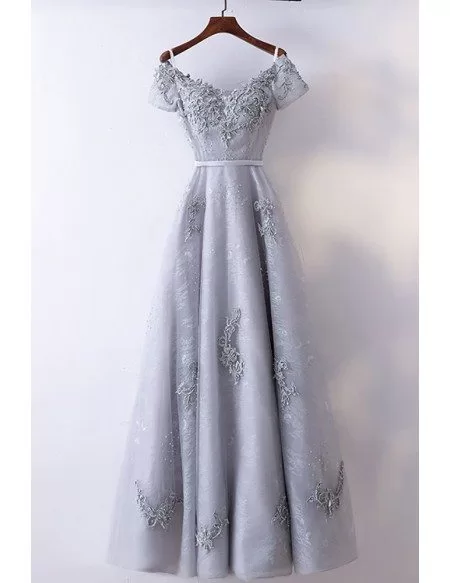 Special A Line Grey Long Prom Dress With Short Sleeves