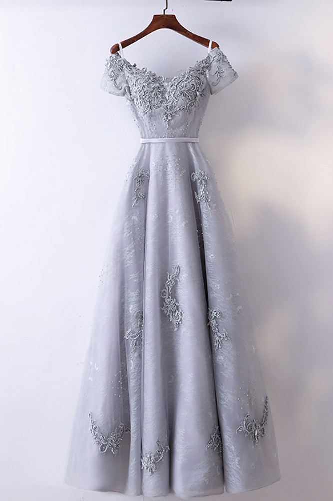 Special A Line Grey Long Prom Dress With Short Sleeves #MYX18052 ...