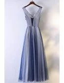 Unique Navy Blue Long Tulle Prom Dress V-neck Sleeveless