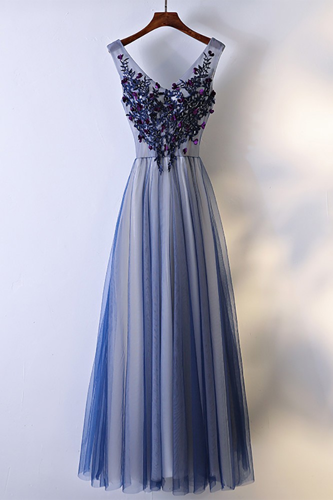 Unique Navy Blue Long Tulle Prom Dress V-neck Sleeveless #MYX18056 ...