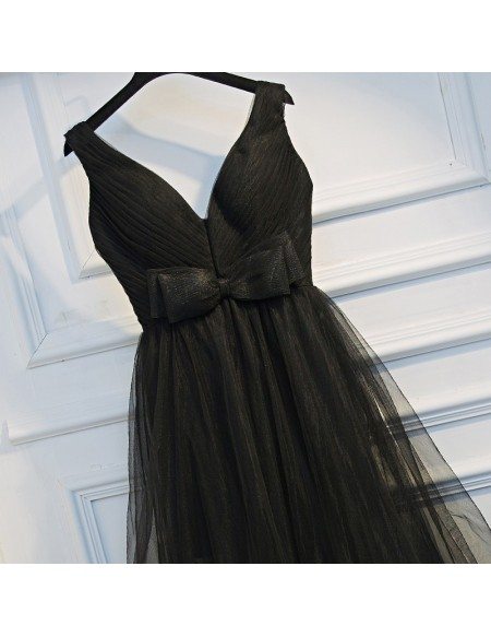 Super Cute Long Black Prom Dress V-neck With Tiered Tulle