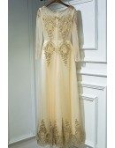 Luxury Long Gold Embroidery Prom Formal Dress With Long Sleeves