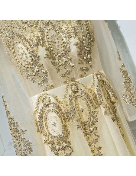 Luxury Long Gold Embroidery Prom Formal Dress With Long Sleeves