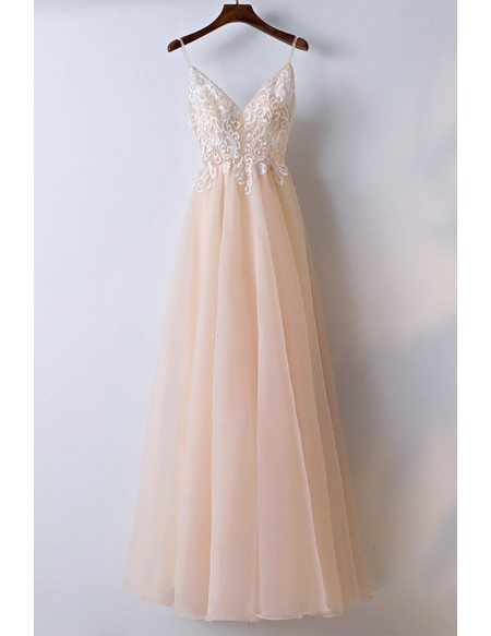 Boho Champagne Lace Long Prom Dress With Spaghetti Straps