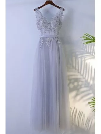 Grey Beaded Long Tulle Prom Dress V-neck Sleeveless