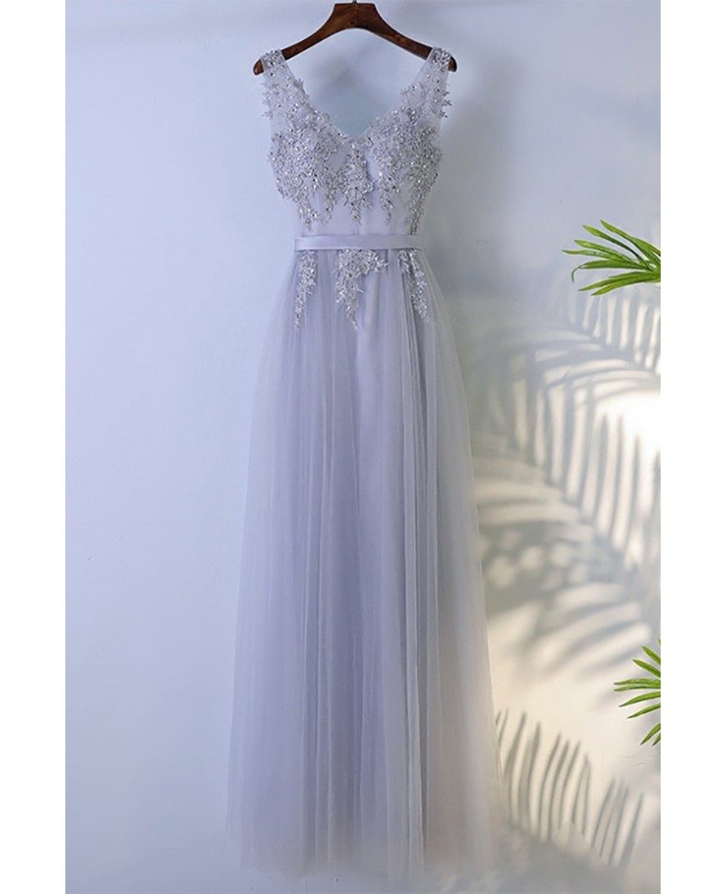 Grey Beaded Long Tulle Prom Dress V-neck Sleeveless #MYX18062 ...