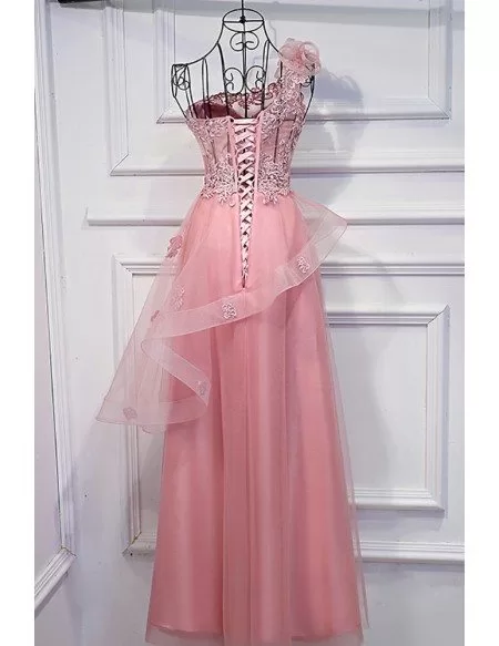 Super Cute Pink One Shoulder Prom Dress Long With Applique Lace