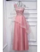 Super Cute Pink One Shoulder Prom Dress Long With Applique Lace