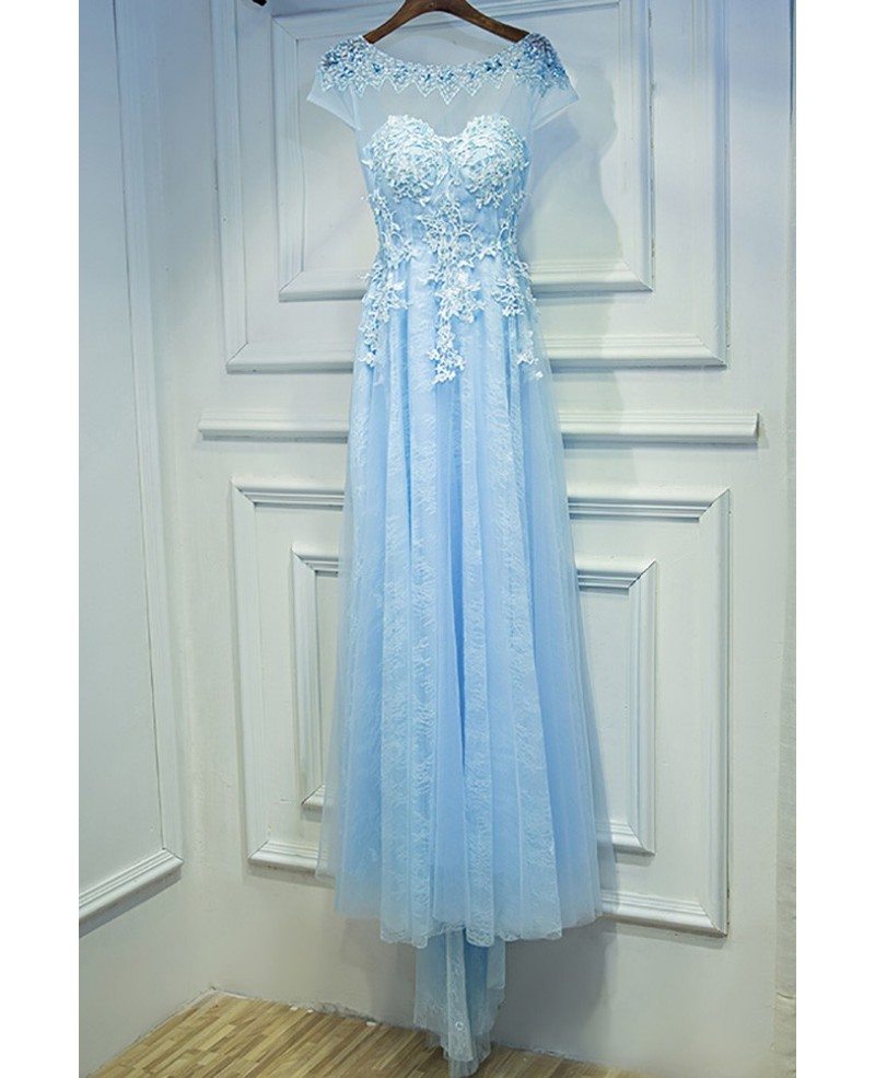 sky blue lace prom dress