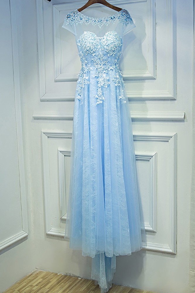 sky blue gown with sleeves