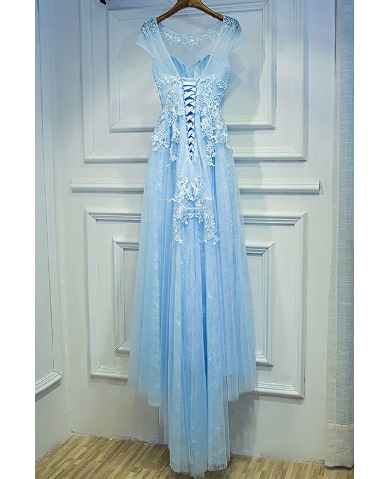 sky blue gown with sleeves