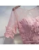 Unique Pink Applique Lace Party Dress With Illusion Neckline
