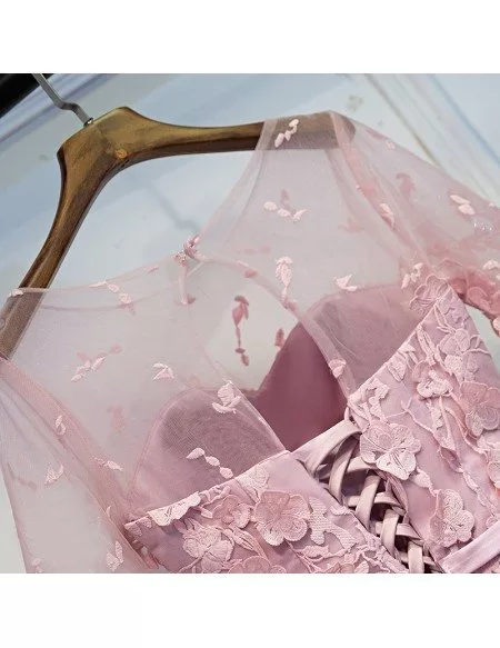 Unique Pink Applique Lace Party Dress With Illusion Neckline #MYX18071 ...