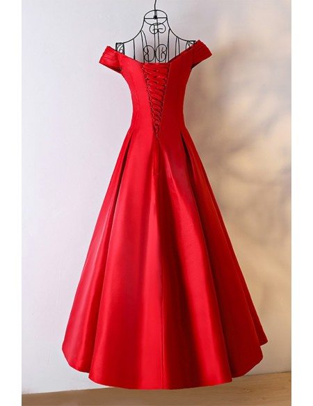 Simple Red Satin Ballgown Formal Dress With Off Shoulder