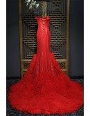 Fitted Red Mermaid Long Formal Dress With Train