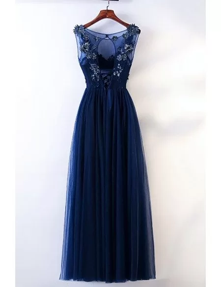 Long Navy Blue Tulle Prom Dress With Embroidery Sleeveless