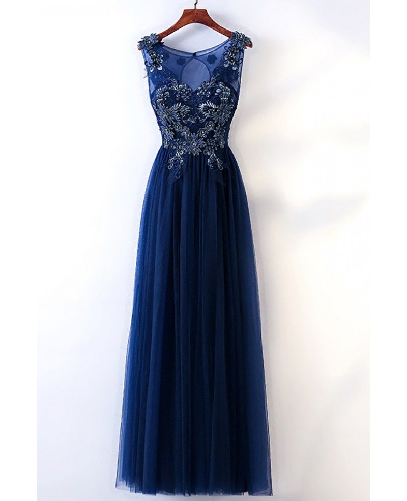 Long Navy Blue Tulle Prom Dress With Embroidery Sleeveless