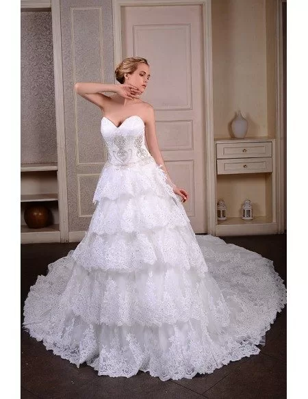 Ball-Gown Sweetheart Court Train Lace Wedding Dress With Beading