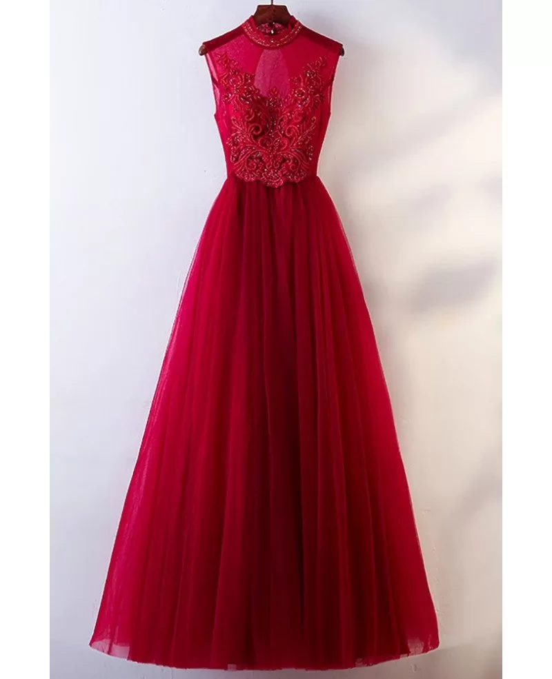 Vintage Chic High Neck Burgundy Prom Dress With Tulle Sleeveless # ...