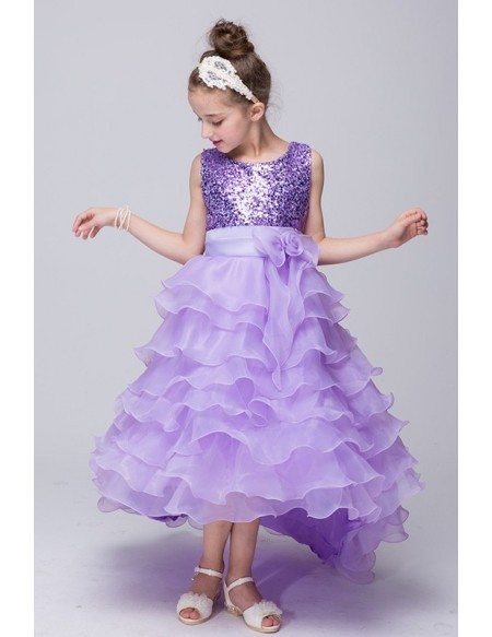 Lavender Tiered High Low Flower Girl Dress With Sequined Bodice
