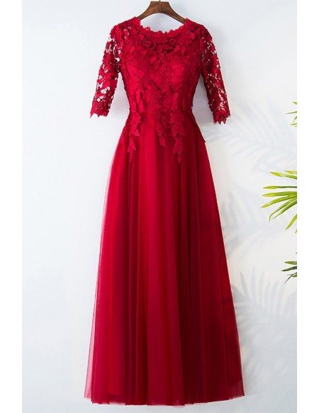 Elegant Lace Round Neck Burgundy Formal Party Dress With Sleeves # ...
