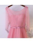 Special Beaded Pink Bling Long Formal Dress With Cape Sleeves
