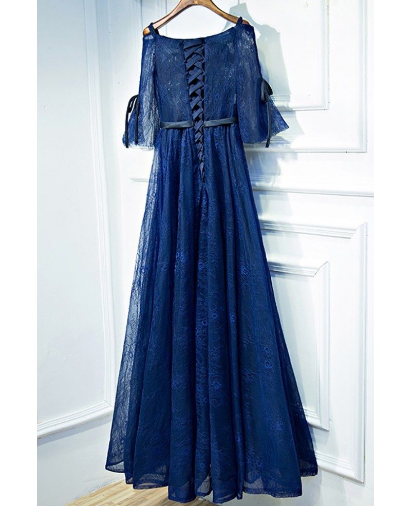 Beautiful Navy Blue Lace Long Formal Prom Dress With Sleeves #MYX18083 ...