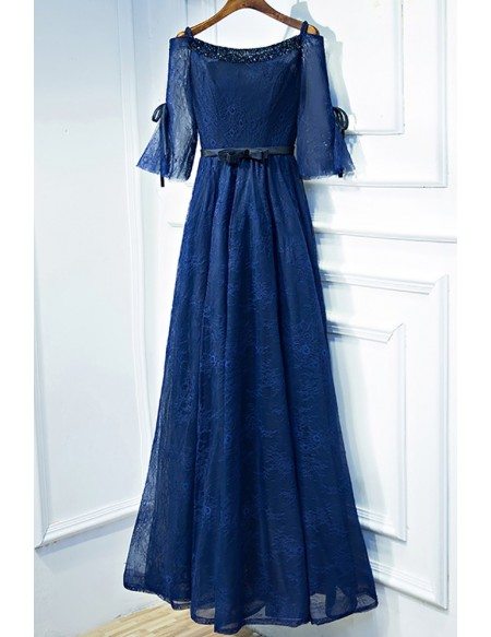 Beautiful Navy Blue Lace Long Formal Prom Dress With Sleeves