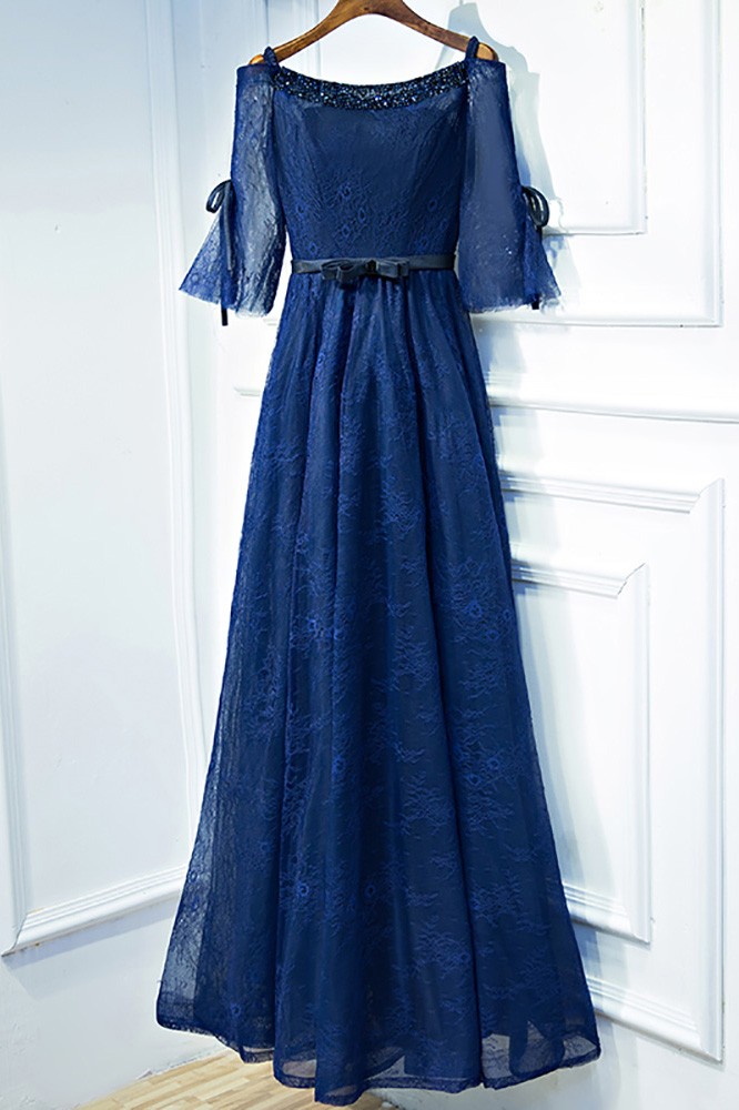 Beautiful Navy Blue Lace Long Formal Prom Dress With Sleeves #MYX18083