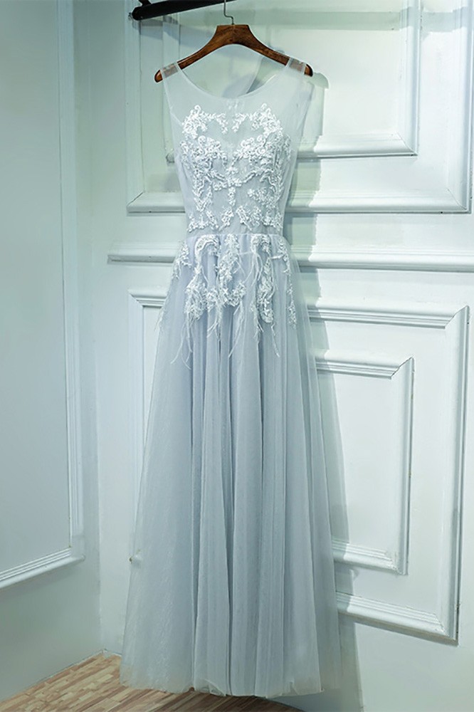 Grey Short Sleeve Lace Long Prom Dress Online