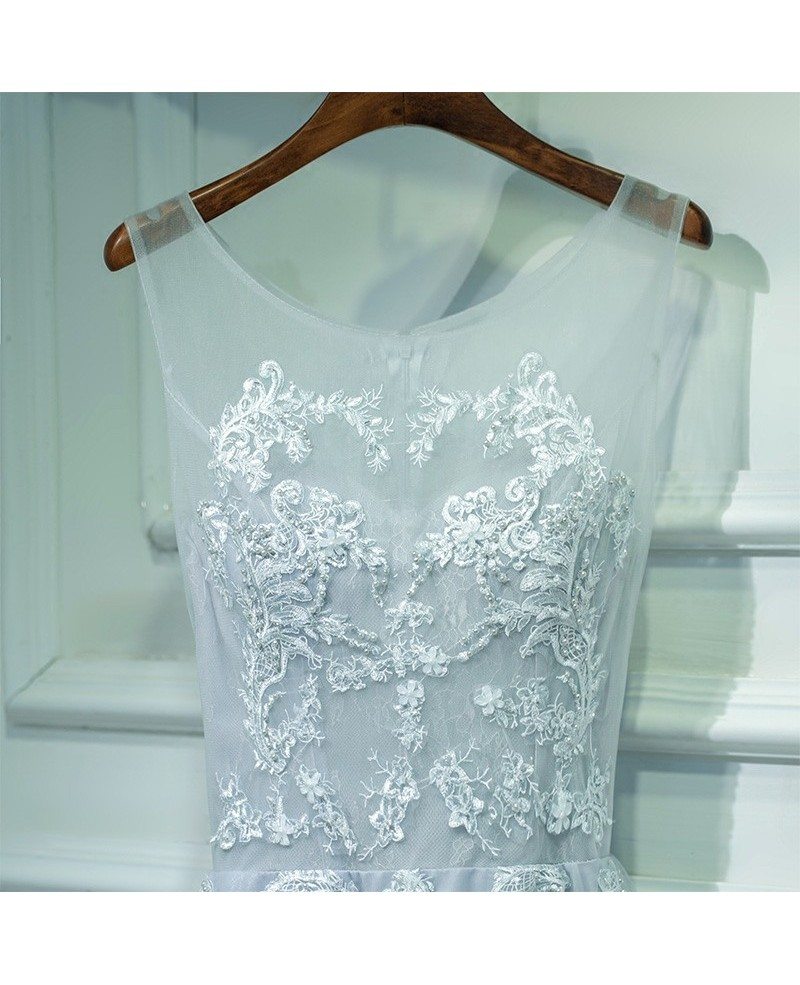 Grey A Line Lace Cheap Prom Dress Long Sleeveless #MYX18084 - GemGrace.com