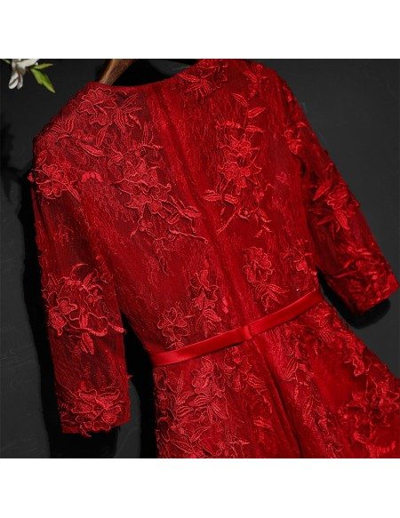 Short Red Lace A Line Party Dress Short With 3/4 Sleeves